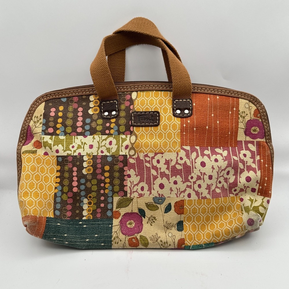 Vintage Fossil Top Handle Bag Yellow Brown Patchwork Print‎ Floral Canvas Boho